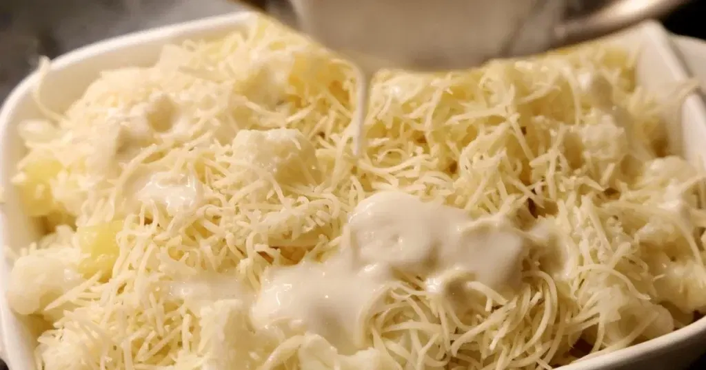 Béchamel légère sur gratin de chou-fleur après avoir mis le gruyère