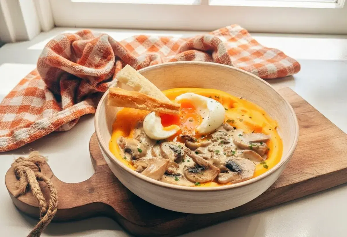 Purée de patate douce, champignons à la crème et œuf (Dès 12 mois)